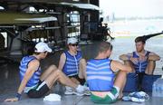 3 August 2008; The Irish men’s lightweight coxless 4 of, from left, Gearoid Towey, Cathal Moynihan, Paul Griffin and Richard Archibald sit wearing ice vests after open training ahead of the 2008 Beijing Olympic Games. Beijing 2008 - Games of the XXIX Olympiad, Shunyi Olympic Rowing-Canoeing Park, Shunyi District, Beijing, China. Picture credit: Brendan Moran / SPORTSFILE