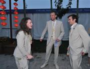 4 August 2008; A relaxed Chloe Magee, left, badminton, Andrew Bree, swimming, and Scott Evans, badminton, after the official Welcome Ceremony of the Irish Olympic team to the Olympic Village. Beijing 2008 - Games of the XXIX Olympiad, National Stadium, Olympic Green, Beijing, China. Picture credit: Brendan Moran / SPORTSFILE