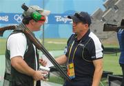 6 August 2008; Ireland's Derek Burnett in conversation with sports psychologist Peter Terry after a practice session. Beijing 2008 - Games of the XXIX Olympiad, Beijing Shooting Range, Xiangshan nan Road, Haidian District, Beijing, China. Picture credit: Brendan Moran / SPORTSFILE