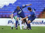 8 August 2008; Padraig Amond, Shamrock Rovers, in action against Sean McGowan, left, and Declan Boyle, Finn Harps. eircom League of Ireland Premier Division, Shamrock Rovers v Finn Harps, Tolka Park, Dublin. Picture credit: Stephen McCarthy / SPORTSFILE *** Local Caption *** 9  6 v4