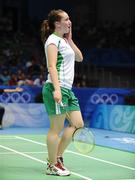 9 August 2008; Ireland's Chloe Magee celebrates a call in her favour on her way to beating Kati Tolmoff, Estonia, 18-21, 21-18, 21-19. Beijing 2008 - Games of the XXIX Olympiad, Beijing University of Technology Gymnasium, Beijing, China. Picture credit: Ray McManus / SPORTSFILE