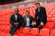 6 August 2008; The Setanta presenting team, including, from left, Les Ferdinand, Angus Scott and Chris Waddle, pictured at the launch of the Irish sports broadcaster’s new Barclays Premier League season at Wembley Stadium, London. Setanta Sports will broadcast 79 games exclusively live this season as well as the Community Shield and action from the FA Cup. The 2008/09 Premier League season kicks off this Saturday on Setanta with Middlesbrough v Tottenham at 3.00pm followed by Sunderland v Liverpool at 5.30pm. Both games will be broadcast on Setanta Sports 1. Setanta’s range of football steps up a gear this season with exclusively live coverage of the Republic of Ireland’s Away friendly against Norway on August 20th. Wembley Stadium, London, England. Picture credit: Stephen McCarthy / SPORTSFILE