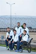 10 June 2015; The Canoe Sprint team, from left, Simas Dobrovolskis, Andrzej Jezierski, Peter Egan, Tom Brennan and Jenny Egan poses for a picture front of the Olympic Stadium ahead of the 2015 European Games in Baku, Azerbaijan. Picture credit: Stephen McCarthy / SPORTSFILE