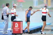 10 August 2008; Paul Griffin, centre, of the Ireland Men's Lightweight Fours makes his way to the mixed zone after their heat of the Men's Lightweight Four where they finished in 4th place in a time of 5.52.32. Beijing 2008 - Games of the XXIX Olympiad, Shunyi Olympic Rowing-Canoeing Park, Shunyi District, Beijing, China. Picture credit: Brendan Moran / SPORTSFILE