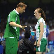 10 August 2008; Coach Jim Laugesen speaks to Chloe Magee, Ireland, during her 'Round of 32' game against Jaeyoun Jun, Korea, Beijing 2008 - Games of the XXIX Olympiad, Beijing University of Technology Gymnasium, Beijing, China. Picture credit: Ray McManus / SPORTSFILE