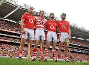 10 August 2008; Cork players left to right, Diarmuid O'Sullivan, Donal Og Cusack, Shane O'Neill and Brian Murphy stand together during the national anthem. GAA Hurling All-Ireland Senior Championship Semi-Final, Kilkenny v Cork, Croke Park, Dublin. Picture credit: David Maher / SPORTSFILE