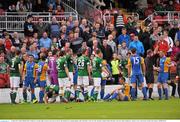 12 June 2015; Adam Mitchell, Bray Wanderers, extreme right, is shown a red card by referee, Jim McKell, for a coming together with Colin Healy, Cork City. SSE Airtricity League Premier Division, Cork City v Bray Wanderers, Turners Cross, Cork. Picture credit: Eoin Noonan / SPORTSFILE