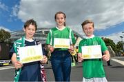 13 June 2015; Pictured, from left to right, are Seán Hickey, aged 8, from Ratoath, Co. Meath, Taylor Lombard, aged 11, from Ardsallagh, Co. Waterford, and Daniel Gill, aged 7, from Newbridge, Co. Kildare, at the Aviva Stadium. Seán, Taylor and Daniel won a McDonald’s Future Football competition to become a flag bearer for the crucial Ireland v Scotland European Championship Qualifier at the Aviva Stadium. McDonald’s FAI Future Football is a programme designed to support grassroots football clubs by enriching the work they do at local level. Over 10,000 boys and girls from 165 football clubs in Ireland will take part this year, generating 70,000 additional hours of activity. UEFA EURO 2016 Championship Qualifier, Group D, Republic of Ireland v Scotland, Aviva Stadium, Lansdowne Road, Dublin. Picture credit: Ramsey Cardy / SPORTSFILE