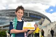 13 June 2015; Pictured is Seán Hickey, aged 8, from Ratoath, Co. Meath, at the Aviva Stadium. Seán won a McDonald’s Future Football competition to become a flag bearer for the crucial Ireland v Scotland European Championship Qualifier at the Aviva Stadium. McDonald’s FAI Future Football is a programme designed to support grassroots football clubs by enriching the work they do at local level. Over 10,000 boys and girls from 165 football clubs in Ireland will take part this year, generating 70,000 additional hours of activity. UEFA EURO 2016 Championship Qualifier, Group D, Republic of Ireland v Scotland, Aviva Stadium, Lansdowne Road, Dublin. Picture credit: Ramsey Cardy / SPORTSFILE