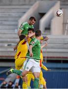 13 June 2015; Gareth McAuley, Northern Ireland, towers above the Romania defence at a corner. UEFA EURO 2016 Championship Qualifier, Group F, Northern Ireland v Romania, Windsor Park, Belfast, Co. Antrim. Picture credit: Oliver McVeigh / SPORTSFILE