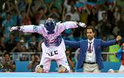 17 June 2015; Aykhan Taghizade, Azerbaijan, celebrates his victory over Karol Robak, Poland, following their Men's Taekwondo 68kg Gold Medal bout. 2015 European Games, Crystal Hall, Baku, Azerbaijan. Picture credit: Stephen McCarthy / SPORTSFILE