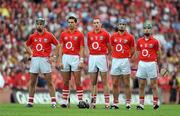 10 August 2008; Cork players, from left, Ronan Curran, Sean Og O hAilpin, John Gardiner stand together for Amhran na bhFiann before the GAA Hurling All-Ireland Senior Championship Semi-Final match between Kilkenny and Cork at Croke Park in Dublin. Photo by Stephen McCarthy/Sportsfile