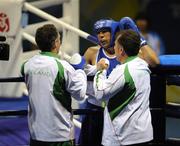 20 August 2008; Darren Sutherland, Ireland, is congratulated by head coach Billy Walsh and technical coach Zaur Antia after his victory over Alfonso Blanco Parra, from Venezuela, during their quarter-final bout of the Middle weight, 75kg, contest. Beijing 2008 - Games of the XXIX Olympiad, Beijing Workers Gymnasium, Olympic Green, Beijing, China. Picture credit: Ray McManus / SPORTSFILE