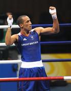 20 August 2008; James Degale, Great Britain, celebrates victory over Bakhtiyar Artayev, from Kazakastan, during their quarter-final bout of the Middle weight, 75kg, contest. Beijing 2008 - Games of the XXIX Olympiad, Beijing Workers Gymnasium, Olympic Green, Beijing, China. Picture credit: Ray McManus / SPORTSFILE