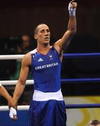 20 August 2008; James Degale, Great Britain, celebrates victory over Bakhtiyar Artayev, from Kazakastan, during theiquarter-final bout of the Middle weight, 75kg, contest. Beijing 2008 - Games of the XXIX Olympiad, Beijing Workers Gymnasium, Olympic Green, Beijing, China. Picture credit: Ray McManus / SPORTSFILE