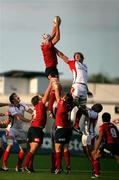 22 August 2008; Thomas Anderson, Ulster, jumps in the lineout against Adam Byrnes, Queensland Reds. Pre-Season Friendly, Ulster v Queensland Reds, Ravenhill Park, Belfast, Co. Antrim. Picture credit: Oliver McVeigh / SPORTSFILE