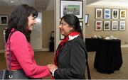 18 June 2015; Mary Day, left, CEO of Mater Hospital, is greeted by Rita Shah, Co-Founder of Shabra Charity Foundation, at the launch of the Shabra Charity Fundraising for the Genomic Sequencing Equipment for the Mater Hospital. Croke Park, Dublin. Picture credit: Cody Glenn / SPORTSFILE