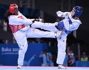 19 June 2015; Gwladys Epangue, France, left, in action aginast Milica Mandic, Serbia, during their final of the Women's Taekwondo 67kg event. 2015 European Games, Crystal Hall, Baku, Azerbaijan. Picture credit: Stephen McCarthy / SPORTSFILE