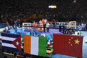 24 August 2008; Gold medal winner, Shiming Zou, China, silver medal winner, Serdamba Purecdorj, Mongolia, left, bronze medal winners, Paddy Barnes, Ireland and Yampier Hernandez, Cuba, stand for the National Anthem of China, after the presentation of medals in the Light Fly weight, 48kg, category. Beijing 2008 - Games of the XXIX Olympiad, Beijing Workers' Gymnasium, Olympic Green, Beijing, China. Picture credit: Ray McManus / SPORTSFILE