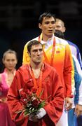 24 August 2008; Ireland's Kenneth Egan and gold medal winner, Xiaoping, China, stand for the National Anthem after the presentations in the Light Heavy weight, 81kg, category. Beijing 2008 - Games of the XXIX Olympiad, Beijing Workers' Gymnasium, Olympic Green, Beijing, China. Picture credit: Ray McManus / SPORTSFILE