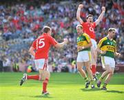 24 August 2008; John Hayes, no.15, Cork celebrates with team-mate Michael Cussen, after scoring his side's equalizing goal from a penalty in injury time. GAA Football All-Ireland Senior Championship Semi-Final, Kerry v Cork, Croke Park, Dublin. Picture credit: David Maher / SPORTSFILE