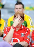 24 August 2008; A Cork supporter watches the end of the match through her fingers. GAA Football All-Ireland Senior Championship Semi-Final, Kerry v Cork, Croke Park, Dublin. Picture credit: Brian Lawless / SPORTSFILE