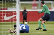 20 June 2015; Dillon Sheridan, Ireland, celebrates scoring his side's third goal of the game past Portugal goalkeeper Telmo Baptista. This tournament is the only chance the Irish team have to secure a precious qualifying spot for the 2016 Rio Paralympic Games. 2015 CP Football World Championships, Ireland v Portuga. St. George’s Park, Tatenhill, Burton-upon-Trent, Staffordshire, United Kingdom. Picture credit: Magi Haroun / SPORTSFILE