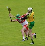 21 June 2015; Niall Cleary, Donegal, in action against Ruairi Convery, Derry. Ulster GAA Hurling Senior Championship, Quarter-Final, Donegal v Derry, Celtic Park, Derry. Picture credit: Oliver McVeigh / SPORTSFILE