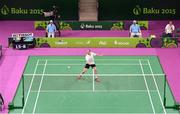 22 June 2015; Scott Evans, Ireland, in action against Georgios Charalambidis, Greece, during their Men's Badminton Singles Group Stage match. 2015 European Games, Baku Sports Hall, Baku, Azerbaijan. Picture credit: Stephen McCarthy / SPORTSFILE