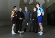 2 September 2008; GAA President Nickey Brennan and Irish Handball President Tony Hannon, right, with Martin Donnelly, centre, at a photocall ahead of the M DONNELLY 60x30 All-Ireland Finals, which takes place next Saturday, September 6th, with finalists Michael ‘Ducksy’ Walsh, Kilkenny, and Eoin Kennedy, Dublin, extreme right. National Handball Centre, Croke Park, Dublin. Picture credit: Pat Murphy / SPORTSFILE