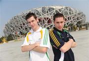 5 September 2008; Athletics hopefuls Michael McKillop, left, from Glengormley, Co. Antrim, who competes in the 800m T37, and Jason Smyth, from Eglington, Co. Derry, who competes in the 100m & 200m, T13, outside the National Stadium in the build up to the 2008 Beijing Paralympic Games. The National Stadium, Olympic Green, Beijing, China. Picture credit: Brian Lawless / SPORTSFILE