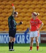 6 September 2008; Cork's Valerie Mulcahy is shown a straight red card by referee Liam McDonagh. TG4 All-Ireland Ladies Senior Football Championship Semi-Final - Cork v Tyrone, O'Connor Park, Tullamore, Co. Offaly. Picture credit: Brendan Moran / SPORTSFILE