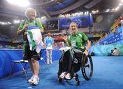 7 September 2008; Eimear Breathnach, from Ballinteer, Dublin, right, with team manager Maria Hughes, from Baldoyle, Dublin, after her match against Nadezda Pushpasheva of Russia. Eimear was defeated 3-1. Beijing Paralympic Games 2008, Women's Individual Table Tennis - Class 1/2 Group D, Peking University Gymnasium, Beijing, China. Picture credit: Brian Lawless / SPORTSFILE