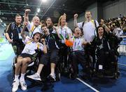 9 September 2008; The Ireland Boccia team, front row, from left, Bronze medal winner Gabriel Shelly, from Bagenalstown, Carlow, Padraic Moran, Bray, Wicklow, Tom Leahy, Fermoy, Cork, and Bobbie Connolly, from Foxrock, Dublin, with the Boccia Team Staff, back row, from left, Alan Ringland, Sports Psychologist, Tralee, Kerry, Patrick 'Rocky' Judge, Support, Edenderry, Offaly, Brenda Hopkins, Support, Enfield, Meath, Jacquie Connolly, Manager and Coach, Foxrock, Dublin, and Robert Roe, Support, Bray Wicklow. Carlow's Gabriel Shelly defeated China's Yi Wang 6-2 to claim Ireland's first medal of these Beijing Paralympic Games. Beijing Paralympic Games 2008, Fencing Hall of National Convention Centre, Olympic Green, Beijing, China. Picture credit: Brian Lawless / SPORTSFILE