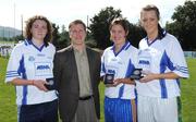 13 September 2008; Will Curley, President MBNA, with winner of the Women's 2008 MBNA Kick Fada All-Ireland Final  Mary Sheridan, right, Senchalstown, Co. Meath, 2nd place Cliona O'Connor, left, Naomh Mearnog, Co. Dublin, and 3rd place Emma Dunne, Naomh Mearnog, Co. Dublin. Bray Emmets GAA Club, Bray, Co. Wicklow. Photo by Sportsfile  *** Local Caption ***