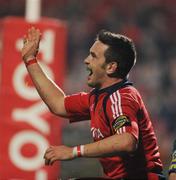 20 September 2008; Niall Ronan, Munster, celebrates after going over for his second and his side's third try. Magners League, Munster v Cardiff Blues, Musgrave Park, Cork. Picture credit: Stephen McCarthy / SPORTSFILE