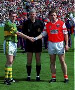 20 August 2000; Referee John Bannon with team captains Seamus Moynihan of Kerry and Kieran McGeeney of Armagh prior to the Bank of Ireland All-Ireland Senior Football Championship Semi-Final match between Kerry and Armagh at Croke Park in Dublin. Photo by Ray McManus/Sportsfile