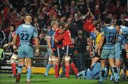 20 September 2008; Justin Melck, Munster, left, is congratulated by team-mate Alan Quinlan after scoring his side's fourth try. Magners League, Munster v Cardiff Blues, Musgrave Park, Cork. Picture credit: Stephen McCarthy / SPORTSFILE