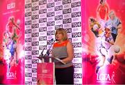 6 July 2015; Marie Hickey, President, Ladies Gaelic Football Association, speaking at the launch of the TG4 Ladies All Ireland Football Championship. The championship, which begins with the first matches on July 25th will culminate with the TG4 All Ireland Finals in Croke Park on September 27th. Cork will hope to win their tenth All Ireland title in 11 years but will face the highest level of competition in years. All supporters of the sport are being asked to support the championship, to Be the Difference, Be There #BetheDiff. Croke Park, Dublin. Picture credit: Brendan Moran / SPORTSFILE