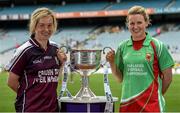 6 July 2015; Pictured at the launch of the TG4 Ladies All Ireland Football Championship are Tracey Leonard, Galway, and Fiona McHale, Mayo. The championship, which begins with the first matches on July 25th will culminate with the TG4 All Ireland Finals in Croke Park on September 27th. Cork will hope to win tenth third All Ireland title in 11 years but will face the highest level of competition in years. All supporters of the sport are being asked to support the championship, to Be the Difference, Be There #BetheDiff. Croke Park, Dublin. Picture credit: Piaras Ó Mídheach / SPORTSFILE