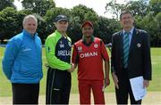 7 July 2015; Teams captains William Porterfield, Ireland, and Sultan Ahmed, Oman, with umpire Mark Hawthorne, left, and match referee Steve Bernard before the game. ICC World Twenty20 Qualifier 2015, Warm-up Match, Ireland v Oman. Stormont, Belfast. Picture credit: Brendan Moran / ICC / SPORTSFILE