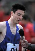 7 July 2015; Mark English, Ireland, is interviewed after the men's 800m race at the Cork City Sports 2015. CIT, Bishopstown, Cork. Picture credit: Eoin Noonan / SPORTSFILE