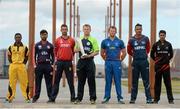 8 July 2015; The Irish launch of the ICC World Twenty20 Qualifier that is being co-hosted by Ireland and Scotland from July 9 - 26. Ireland's first game is on July 10th in Stormont, Belfast. The captains are pictured with the ICC World Twenty20 Trophy for India 2016 that 6 teams will qualify for from the Qualifier in Ireland and Scotland. In attendance at the launch are captains of the competing teams, from left, Jack Vare, Papua New Guinea, Muhammad Ghouss, USA, Peter Gough, Jersey, William Porterfield, Ireland, Paras Khadka, Nepal, Tanwir Afzal, Hong Kong, and Nicolaas Scholtz, Namibia. Titanic Visitor Centre, Titanic Quarter, Belfast, Co. Antrim. Picture credit: Oliver McVeigh / ICC / SPORTSFILE