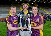 8 July 2015; Wexford players, from left, Andrew Kenny, Oliver O'Leary and Sean Murphy with the cup. Bord Gáis Energy Leinster GAA Hurling U21 Championship Final, Wexford v Kilkenny, Innovate Wexford Park, Wexford. Picture credit: Matt Browne / SPORTSFILE