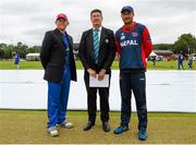 11 July 2015; Nicolaas Scholtz, Namibia, left, Match Referee Steve Bernard, middle, and Paras Khadka, Nepal, right, at the coin toss before the start of the match. ICC World Twenty20 Qualifier 2015, Nepal v Namibia, Stormont, Belfast, Co. Antrim. Picture credit: Seb Daly / ICC / SPORTSFILE