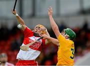 12 July 2015; Keelan Feeney, Derry, in action against Caolan Blair, Antrim. Electric Ireland Ulster GAA Hurling Minor Championship Final, Antrim v Derry, Owenbeg, Derry. Picture credit: Oliver McVeigh / SPORTSFILE