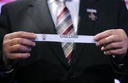 8 October 2008; Leinster Council Chairman Sheamus Howlin shows the Galway team being drawn in the Leinster Hurling Championship during the 2009 GAA Football and Hurling Championships Draw. Croke Park, Dublin. Picture credit: Brendan Moran / SPORTSFILE