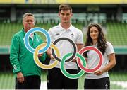 13 July 2015; Director of Sevens Rugby Anthony Eddy, left, Tom Daly and Lucy Mulhall, right, at the Ireland 7 Rugby Olympic Qualifier press conference. Aviva Stadium, Lansdowne Road, Dublin. Picture credit: Seb Daly / SPORTSFILE