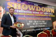 14 July 2015; WBO world champion Andy Lee with his belt after a press conference ahead of 'The Showdown' with BJ Saunders at Thomond Park on September 19th. Thomond Park, Limerick. Picture credit: Diarmuid Greene / SPORTSFILE