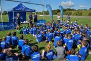 15 July 2015; Jamie Hagan and Darragh Fanning of Leinster Rugby came out to the Bank of Ireland Summer Camp to meet up with some local young rugby talent in Balbriggan RFC. Pictured are Jamie Hagan and Darragh Fanning during a Q&A session with camp participants. Balbriggan RFC, Balbriggan, Co. Dublin. Picture credit: Sam Barnes / SPORTSFILE